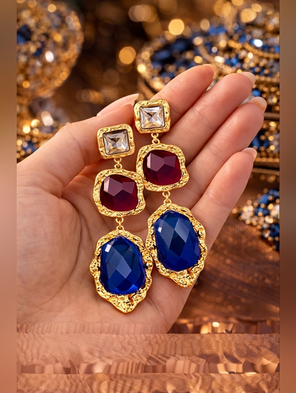 Gold-Tone Earrings with Purple & Blue Stones - Picture 2 of 6